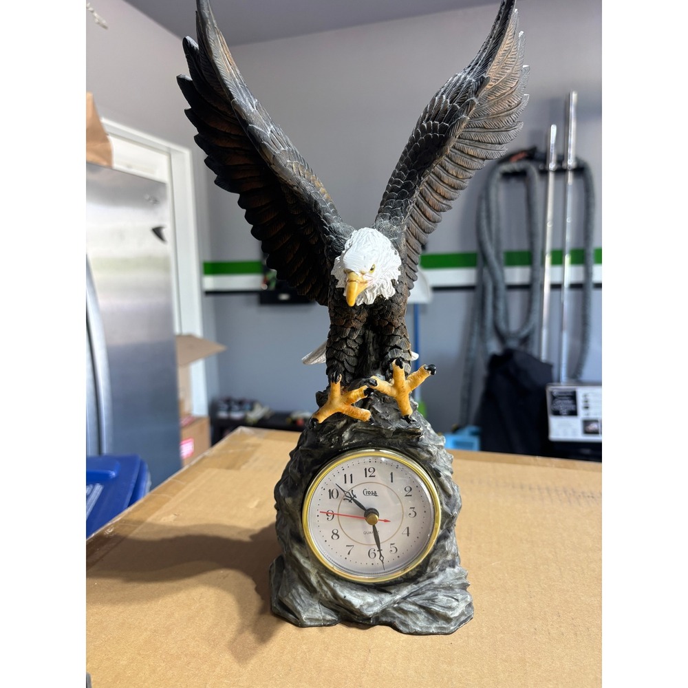 Crosa Vintage Bald Eagle Desk Clock Resin Sculpture 15 Inch Wildlife Decor